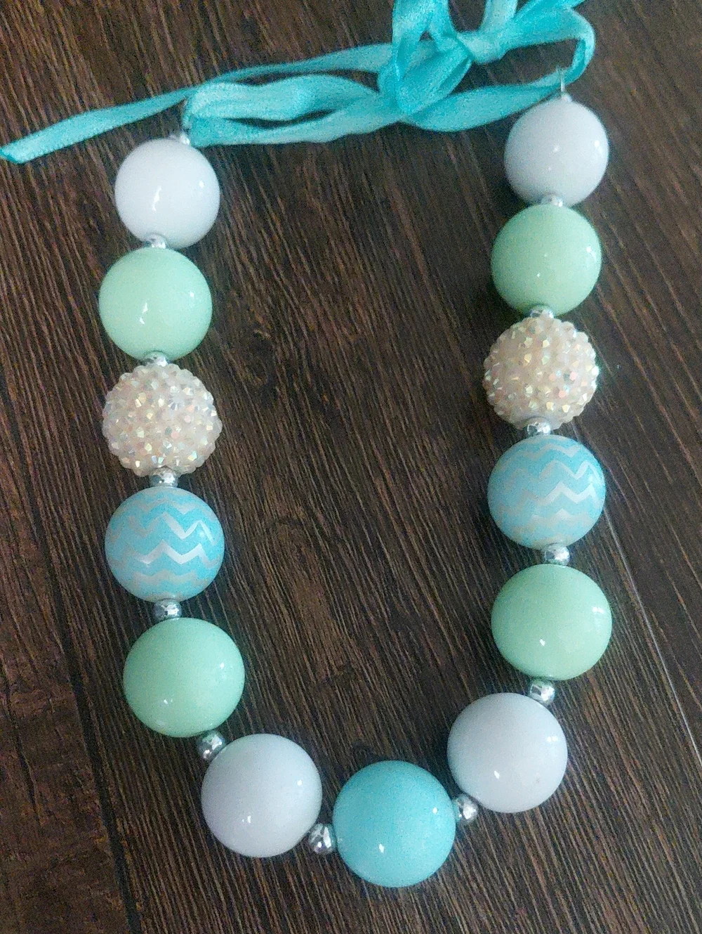 Beautiful Blue, Green and White Chunky Bead Necklace